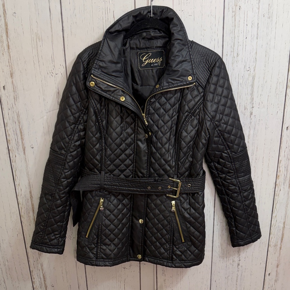 Guess Women's Black Belted Quilted Coat